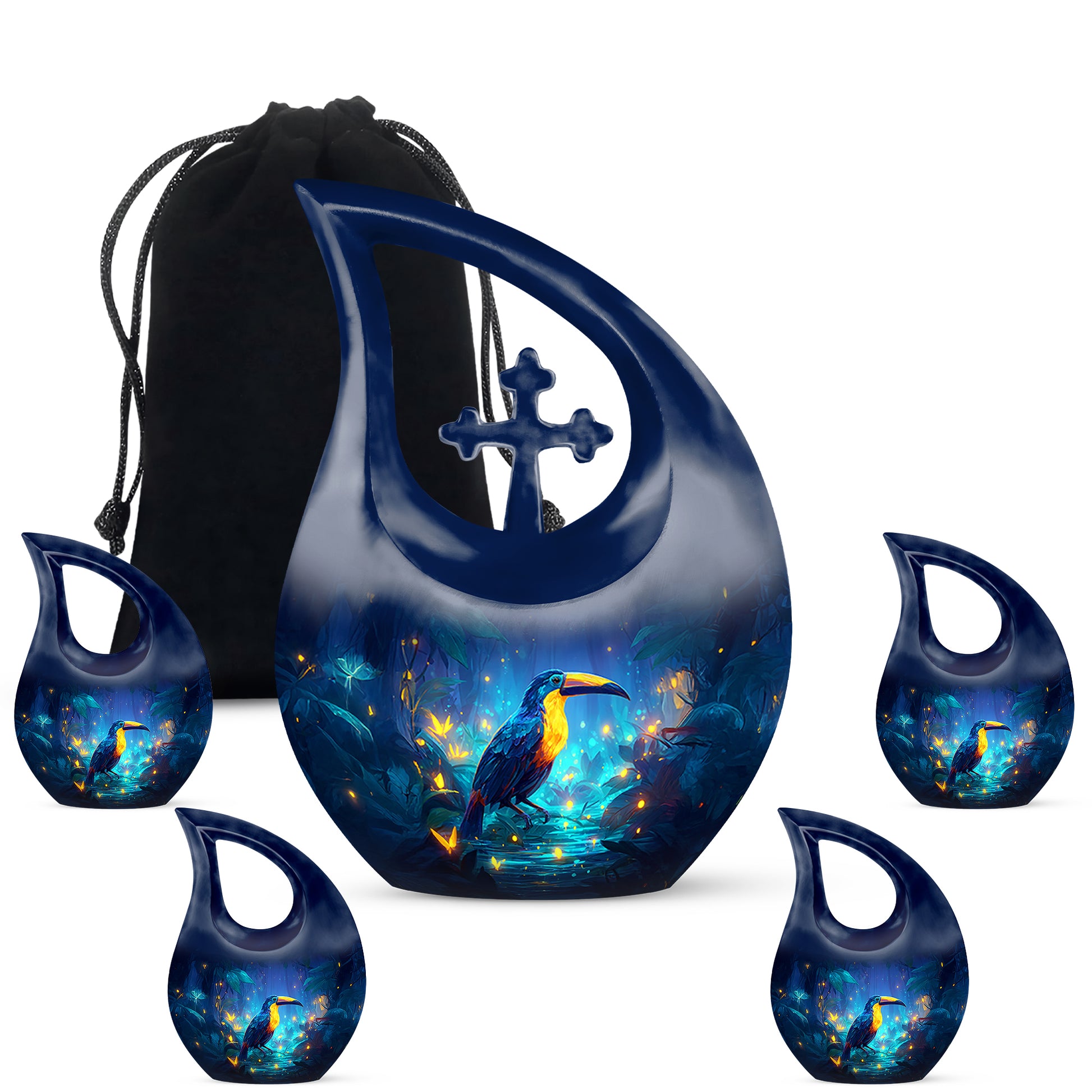 Vivid Blue Hornbill Cremation Urn urn with complimentary velvet bag - faith-inspired cross-drop urn with hornbill pattern - memorial set with one large and four small urns