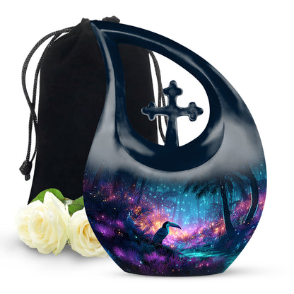 Azure Hornbill Cremation Urn top-down view of secure threaded lid - cross and hornbill combined in spiritual memorial design - full-size 10 inch 200 cubic inch adult cremation urn