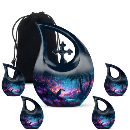 Soft Blue Hornbill Cremation Urn urn with complimentary velvet bag - devotional cross-drop hornbill engraving - memorial set with one large and four small urns