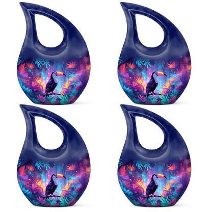 Indigo Hornbill Cremation Urn lifestyle display on memorial shelf - cross and hornbill combined in spiritual memorial design - 10 inch aluminum urn for cremated remains