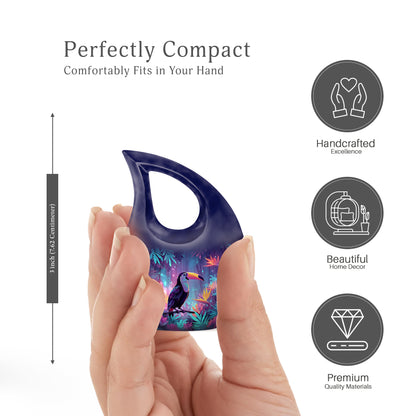 Pastel Blue Hornbill Cremation Urn back view with polished surface - cross and hornbill combined in spiritual memorial design - mini keepsake memorial for portion of cremation ashes