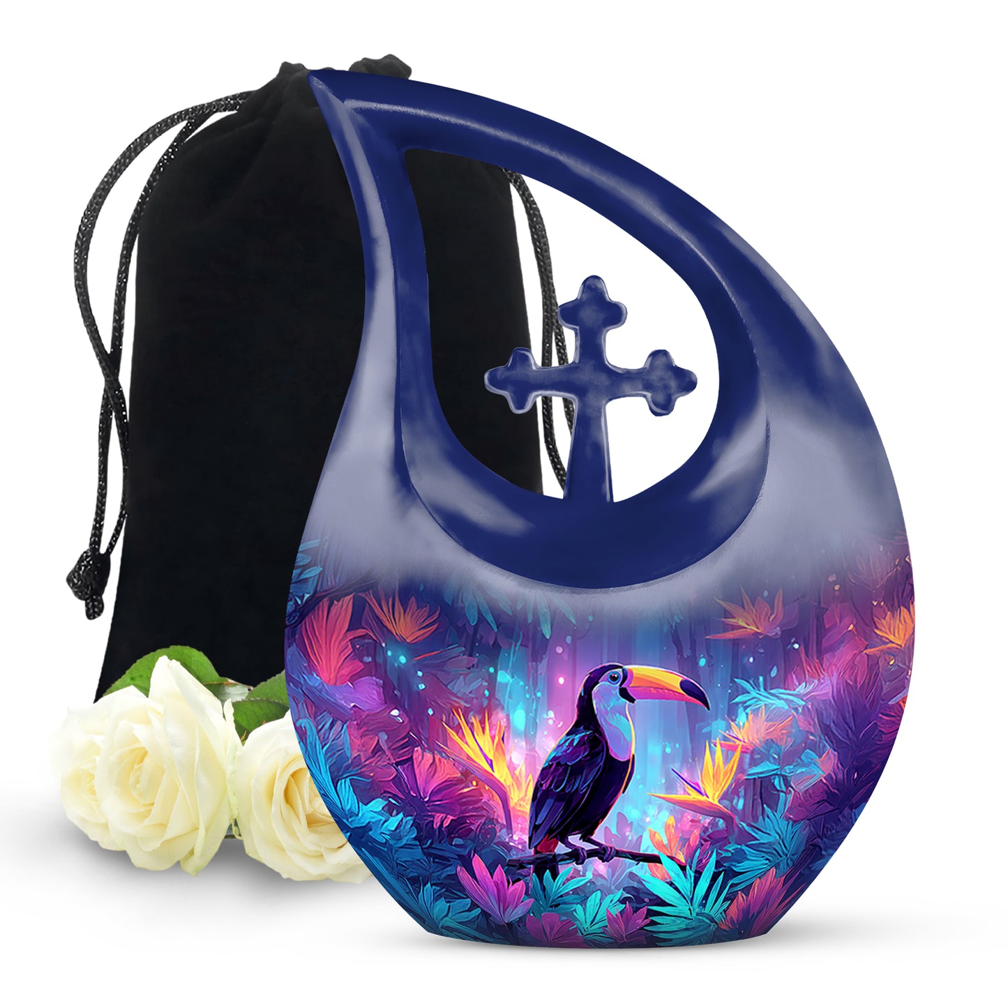 Vivid Blue Hornbill Cremation Urn top-down view of secure threaded lid - faith-inspired cross-drop urn with hornbill pattern - full-size 10 inch 200 cubic inch adult cremation urn