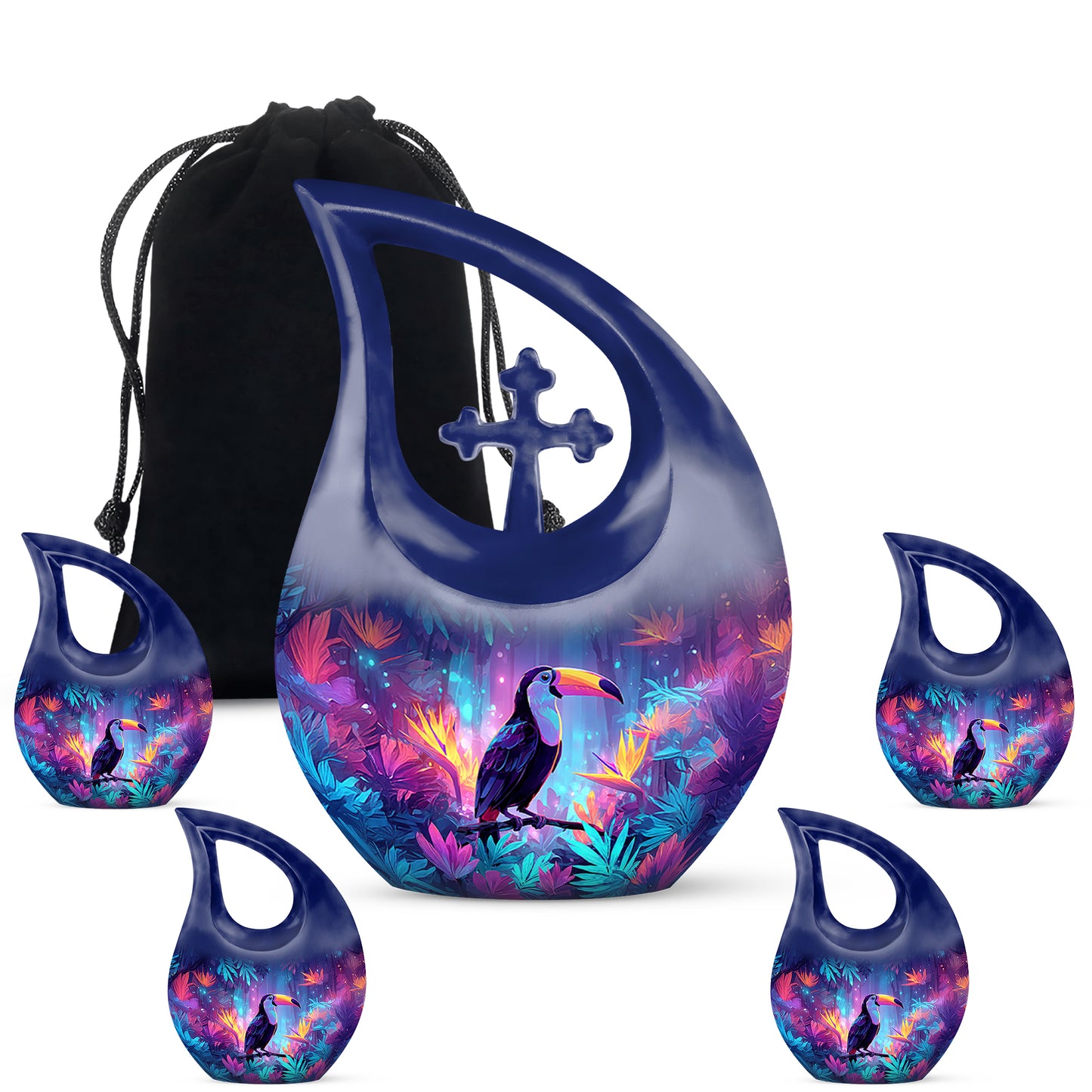Royal Blue Hornbill Cremation Urn urn with complimentary velvet bag - faith-inspired cross-drop urn with hornbill pattern - memorial set with one large and four small urns