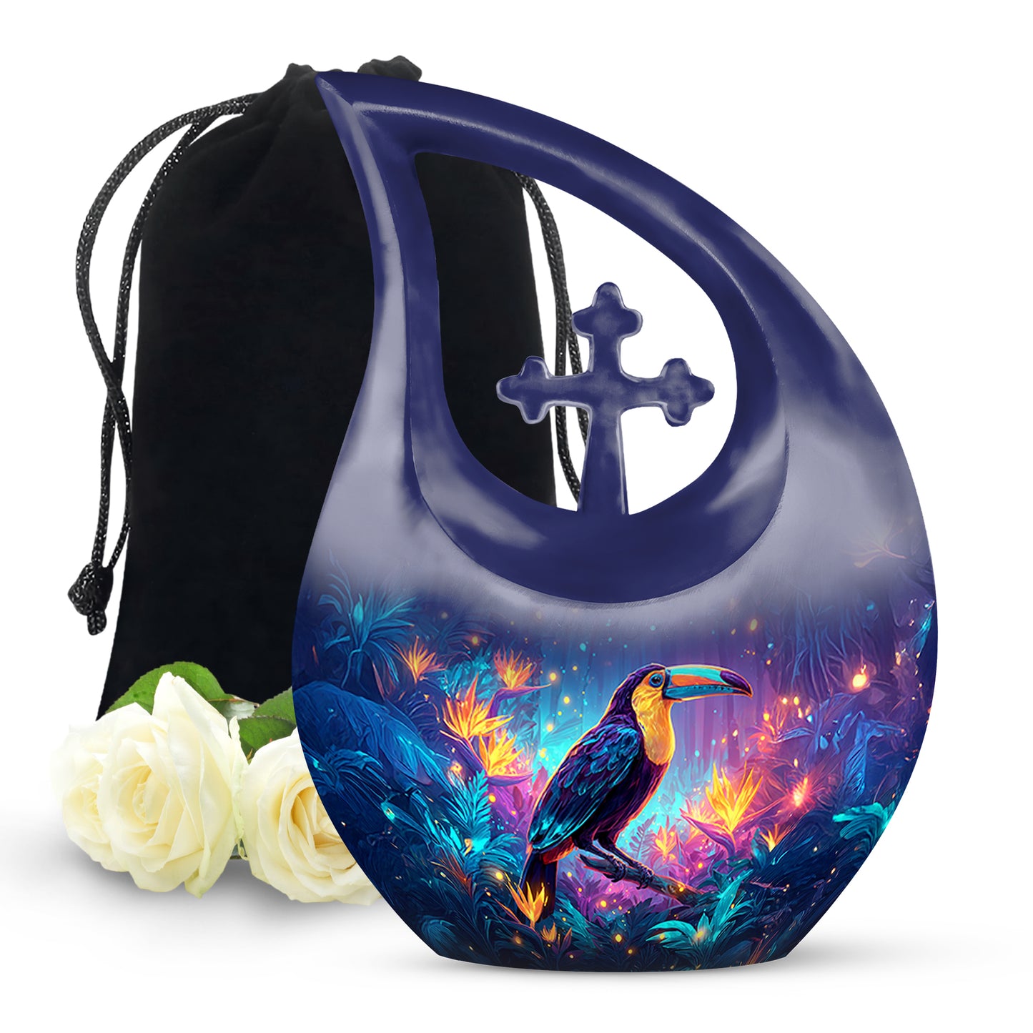 Royal Blue Hornbill Cremation Urn top-down view of secure threaded lid - devotional cross-drop hornbill engraving - full-size 10 inch 200 cubic inch adult cremation urn