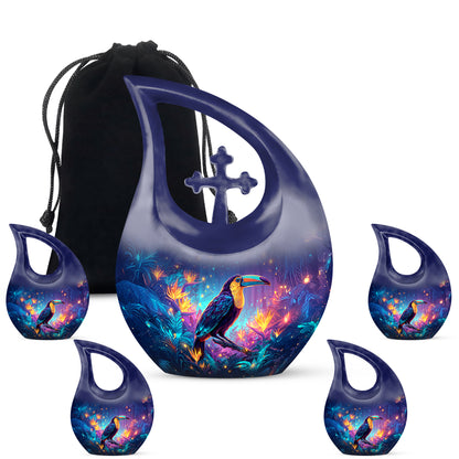 Bright Blue Hornbill Cremation Urn urn with complimentary velvet bag - devotional cross-drop hornbill engraving - memorial set with one large and four small urns