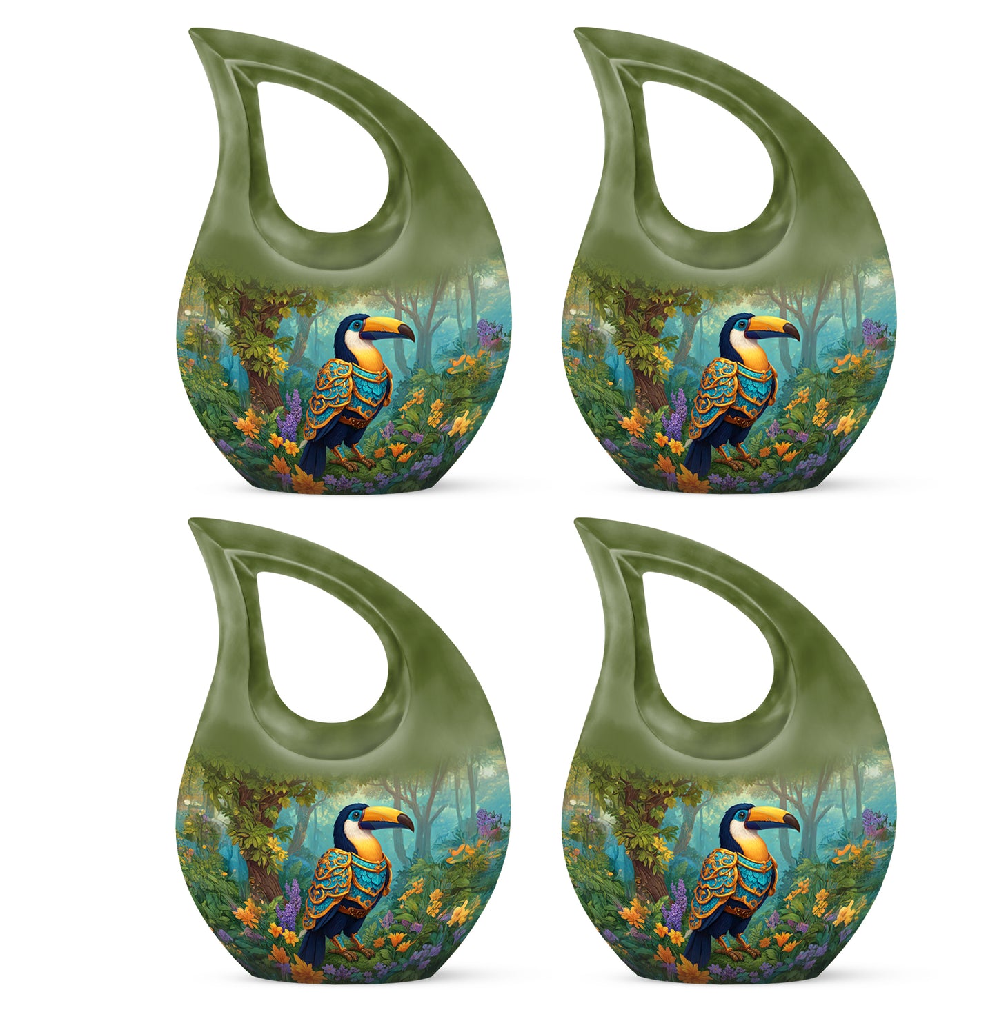 Amber Yellow Hornbill Cremation Urn lifestyle display on memorial shelf - sacred cross merged with hornbill motif on metal - 10 inch aluminum urn for cremated remains