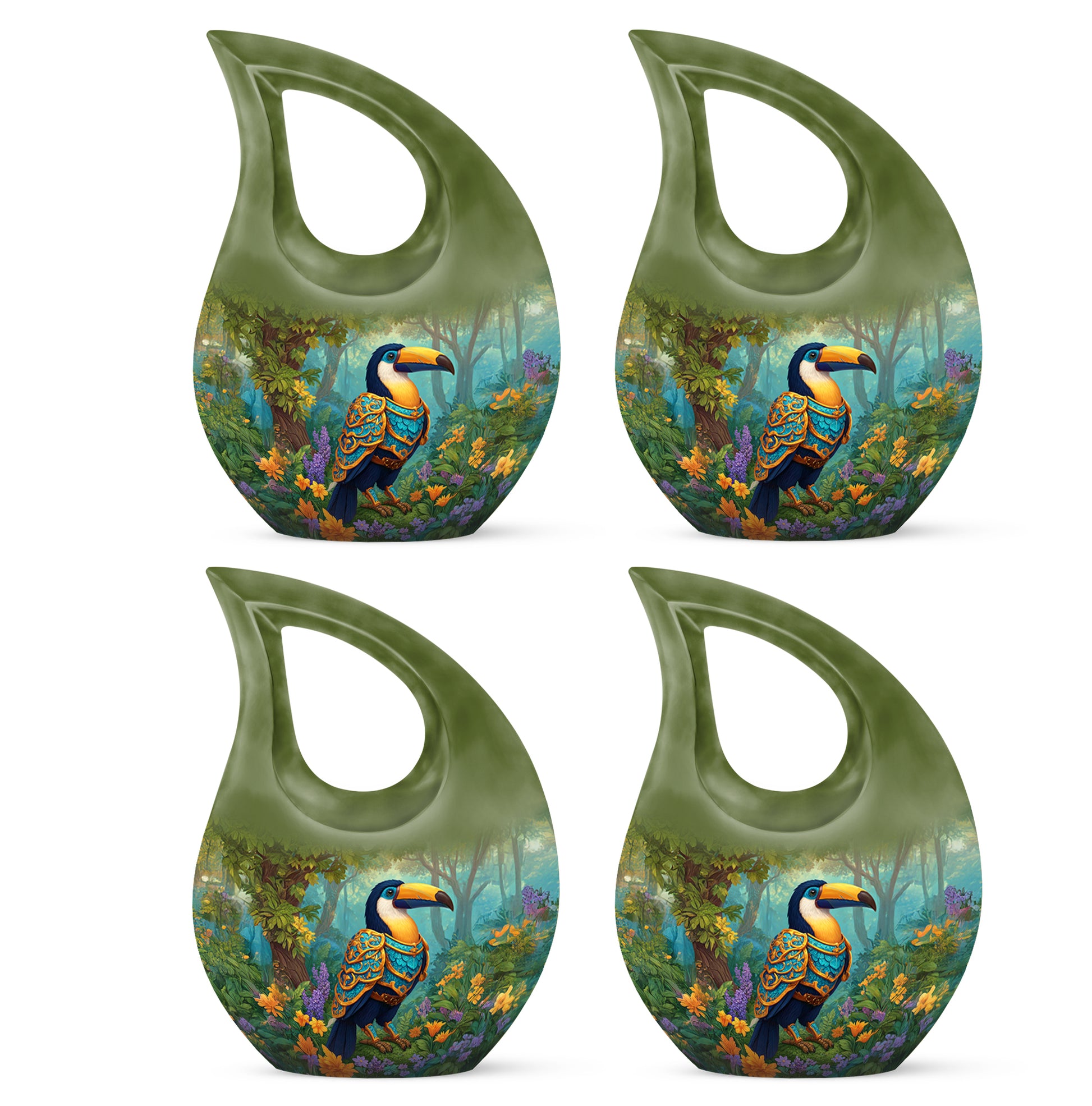 Amber Yellow Hornbill Cremation Urn lifestyle display on memorial shelf - sacred cross merged with hornbill motif on metal - 10 inch aluminum urn for cremated remains