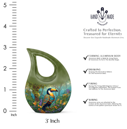Amber Yellow Hornbill Cremation Urn back view with polished surface - sacred cross merged with hornbill motif on metal - mini keepsake memorial for portion of cremation ashes