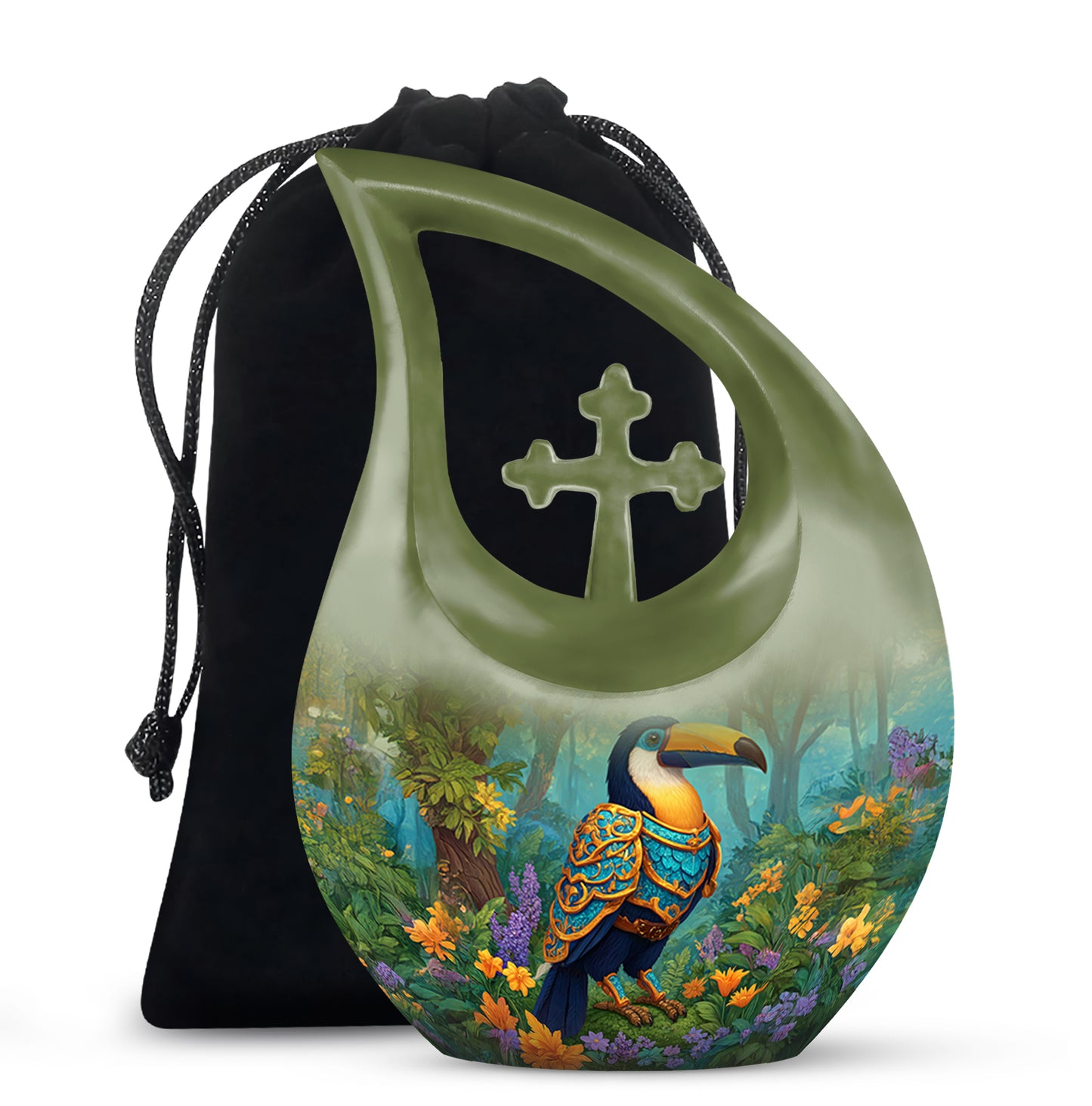 Amber Yellow Hornbill Cremation Urn top-down view of secure threaded lid - cross and hornbill combined in spiritual memorial design - full-size 10 inch 200 cubic inch adult cremation urn