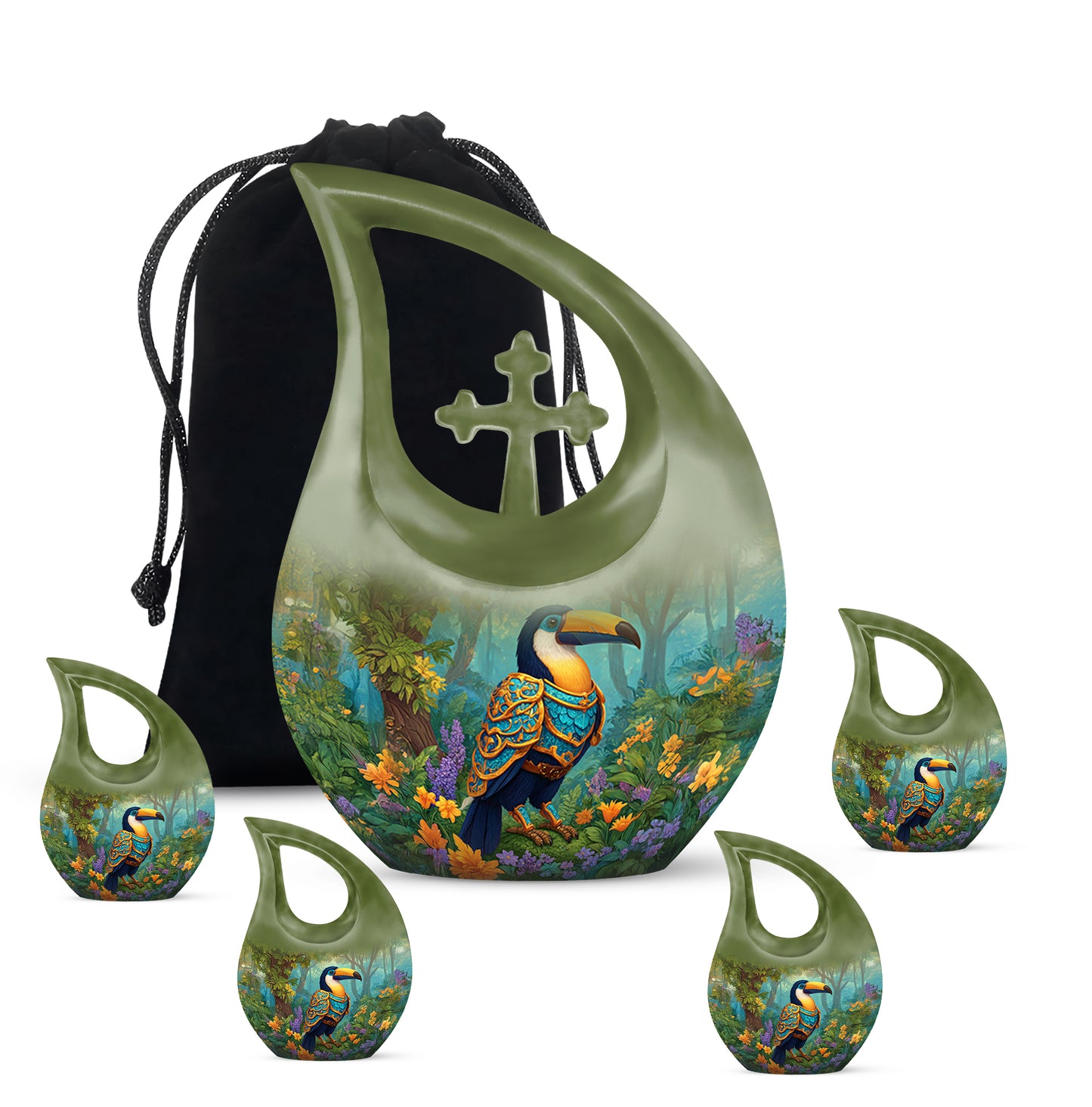 Lemon Yellow Hornbill Cremation Urn urn with complimentary velvet bag - faith-inspired cross-drop urn with hornbill pattern - memorial set with one large and four small urns