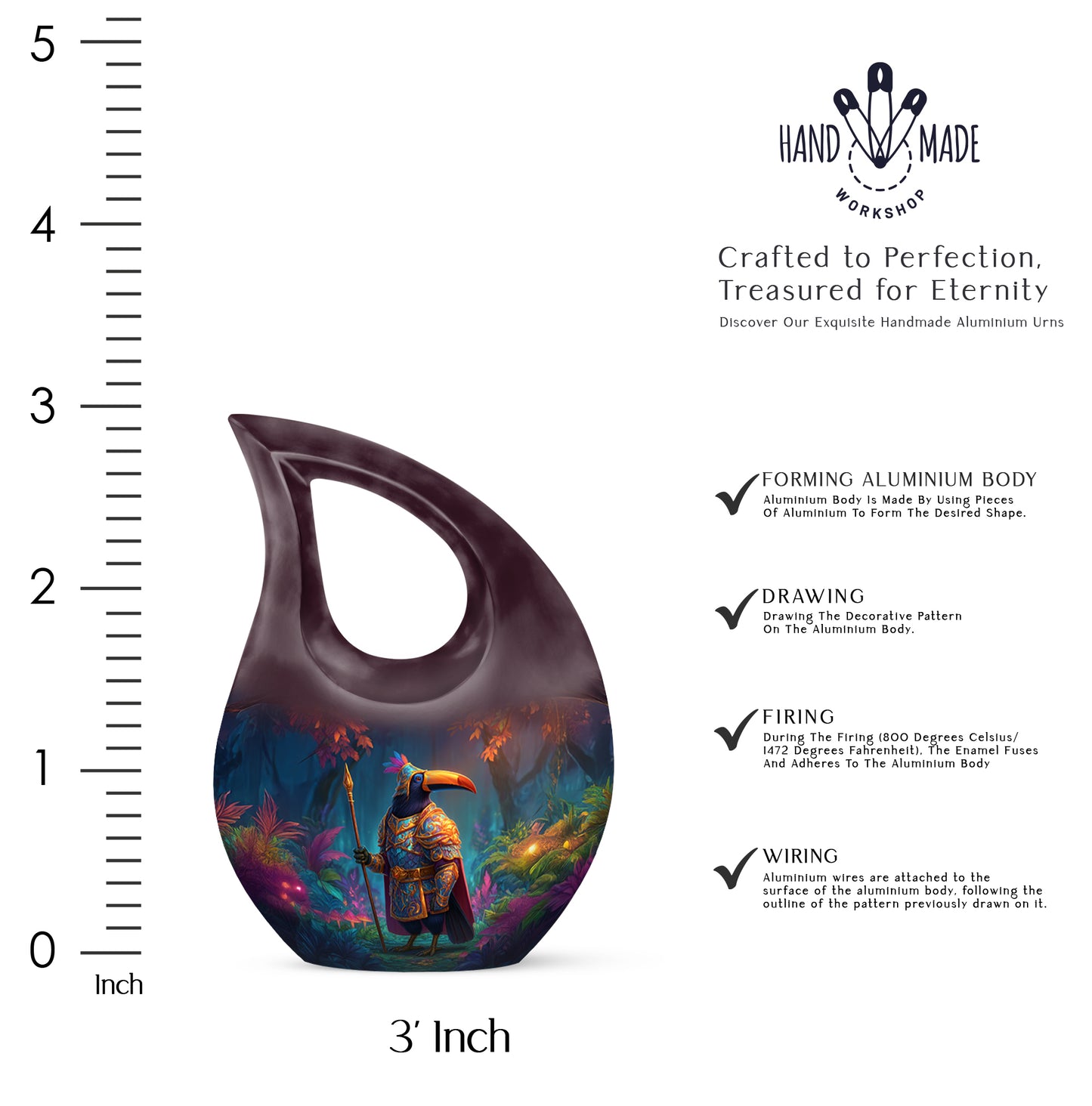 Coral Pink Hornbill Cremation Urn back view with polished surface - sacred cross merged with hornbill motif on metal - mini keepsake memorial for portion of cremation ashes
