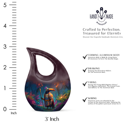 Coral Pink Hornbill Cremation Urn back view with polished surface - sacred cross merged with hornbill motif on metal - mini keepsake memorial for portion of cremation ashes