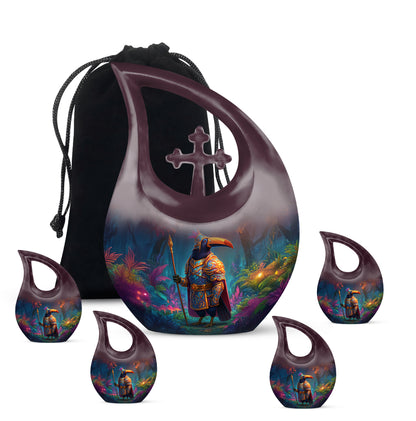Soft Pink Hornbill Cremation Urn urn with complimentary velvet bag - devotional cross-drop hornbill engraving - memorial set with one large and four small urns