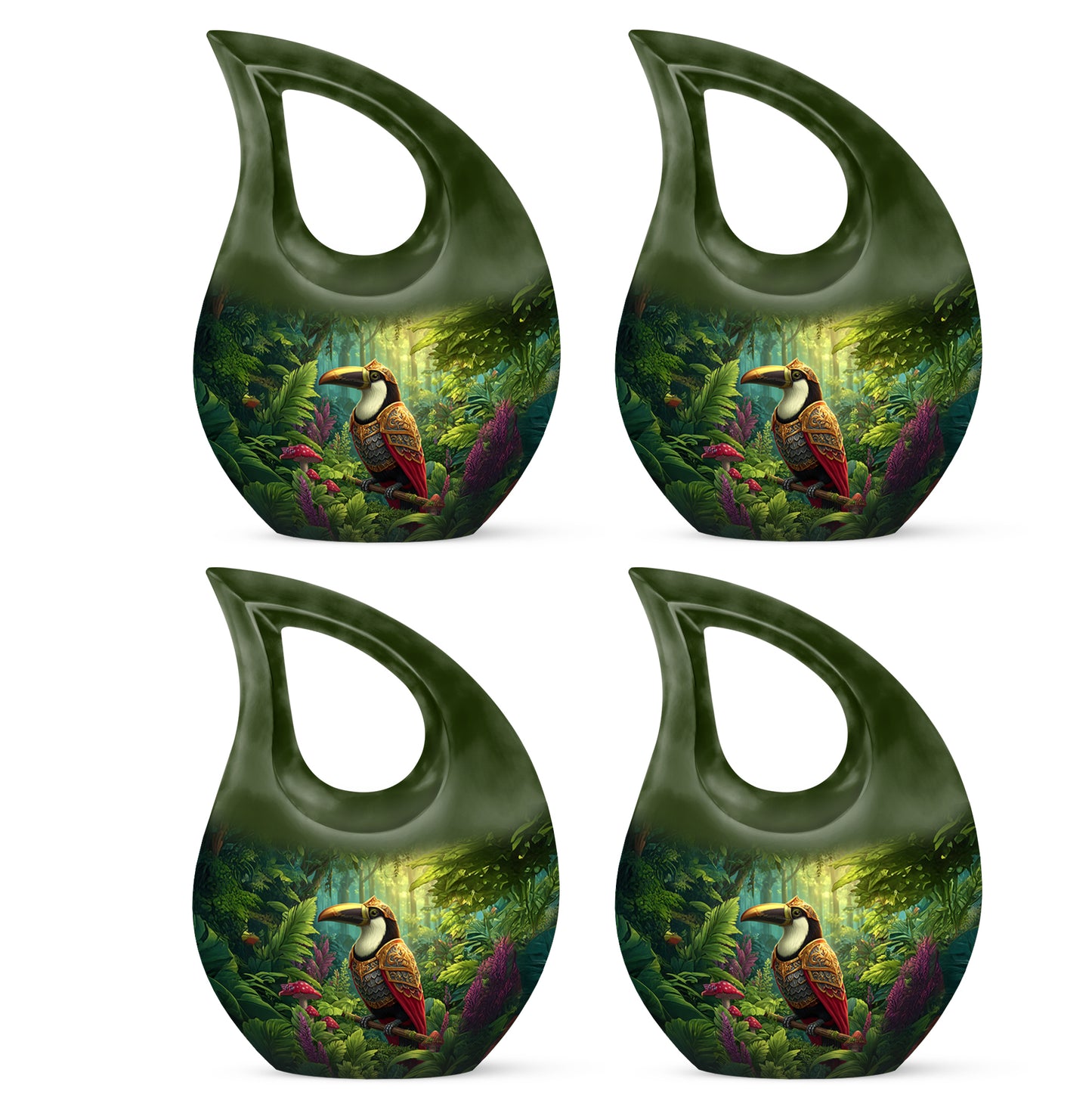 Sunshine Yellow Hornbill Cremation Urn lifestyle display on memorial shelf - faith-inspired cross-drop urn with hornbill pattern - 10 inch aluminum urn for cremated remains