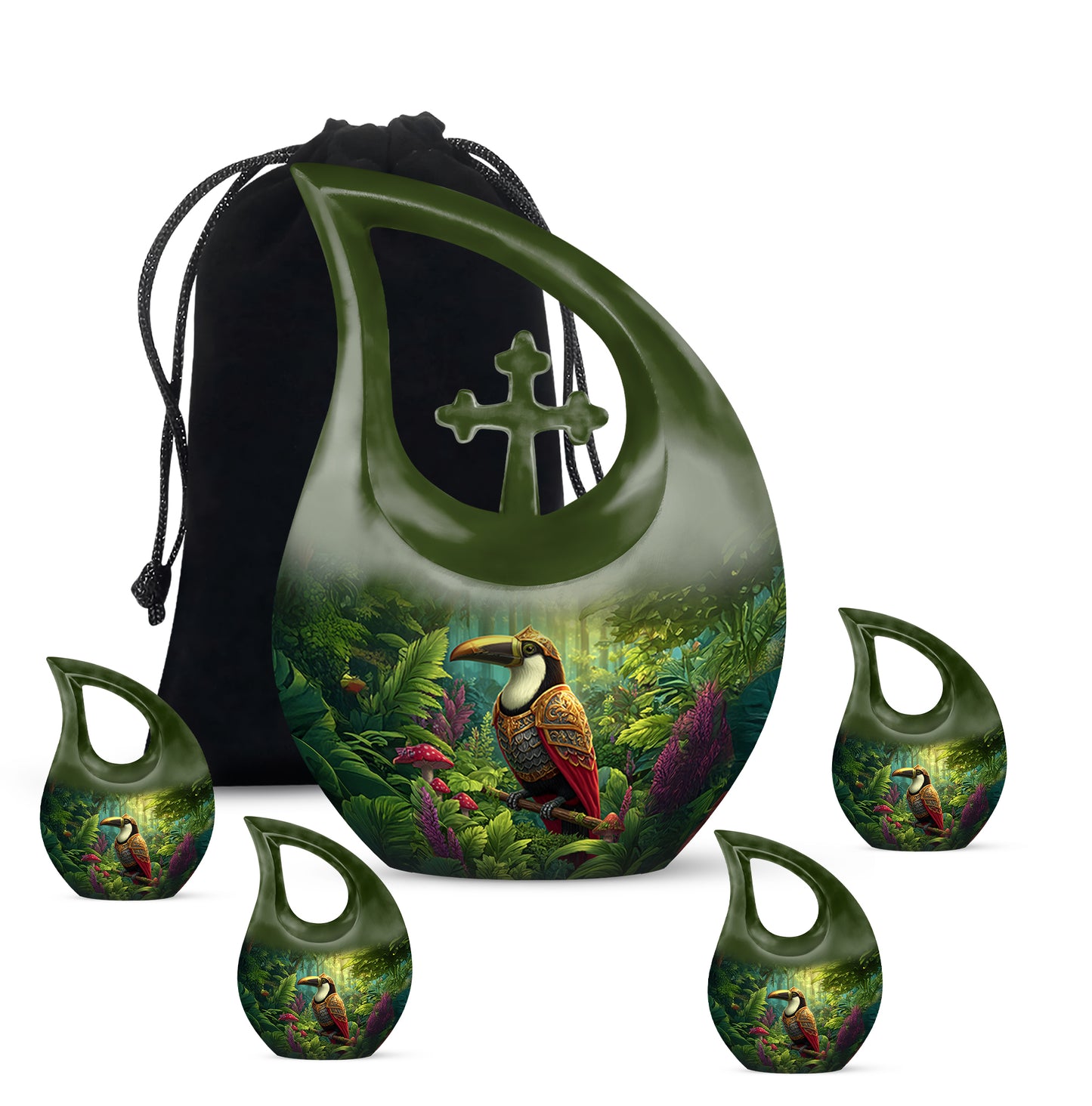 Soft Yellow Hornbill Cremation Urn urn with complimentary velvet bag - devotional cross-drop hornbill engraving - memorial set with one large and four small urns