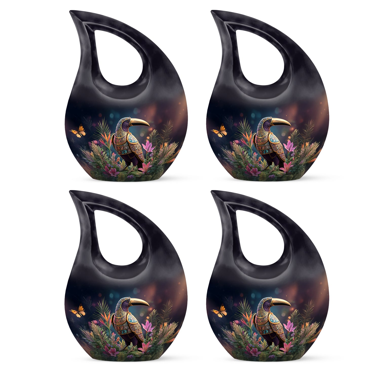 Dark Black Hornbill Cremation Urn lifestyle display on memorial shelf - devotional cross-drop hornbill engraving - 10 inch aluminum urn for cremated remains
