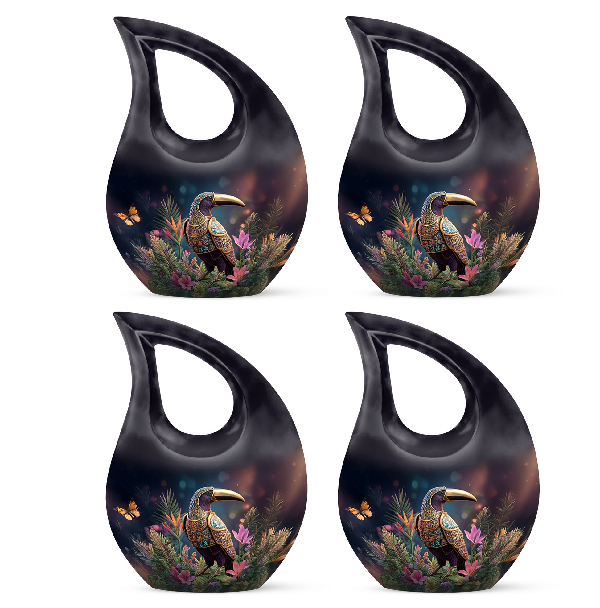 Dark Black Hornbill Cremation Urn lifestyle display on memorial shelf - devotional cross-drop hornbill engraving - 10 inch aluminum urn for cremated remains