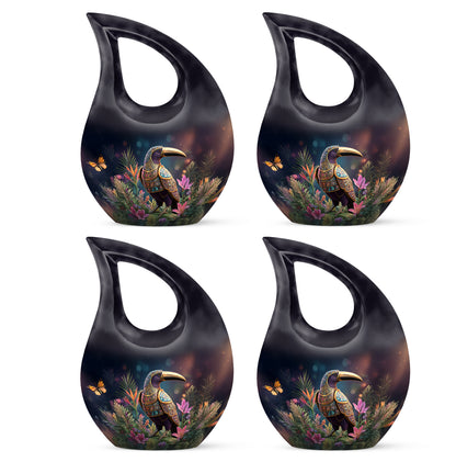 Dark Black Hornbill Cremation Urn lifestyle display on memorial shelf - devotional cross-drop hornbill engraving - 10 inch aluminum urn for cremated remains