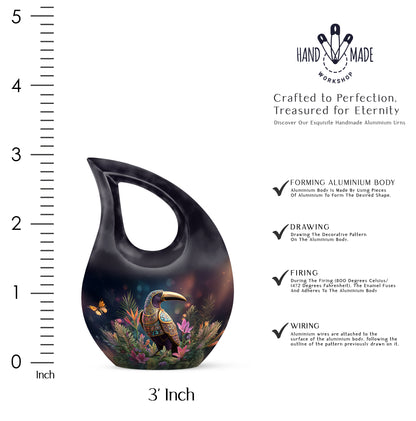 Rich Black Hornbill Cremation Urn back view with polished surface - sacred cross merged with hornbill motif on metal - mini keepsake memorial for portion of cremation ashes