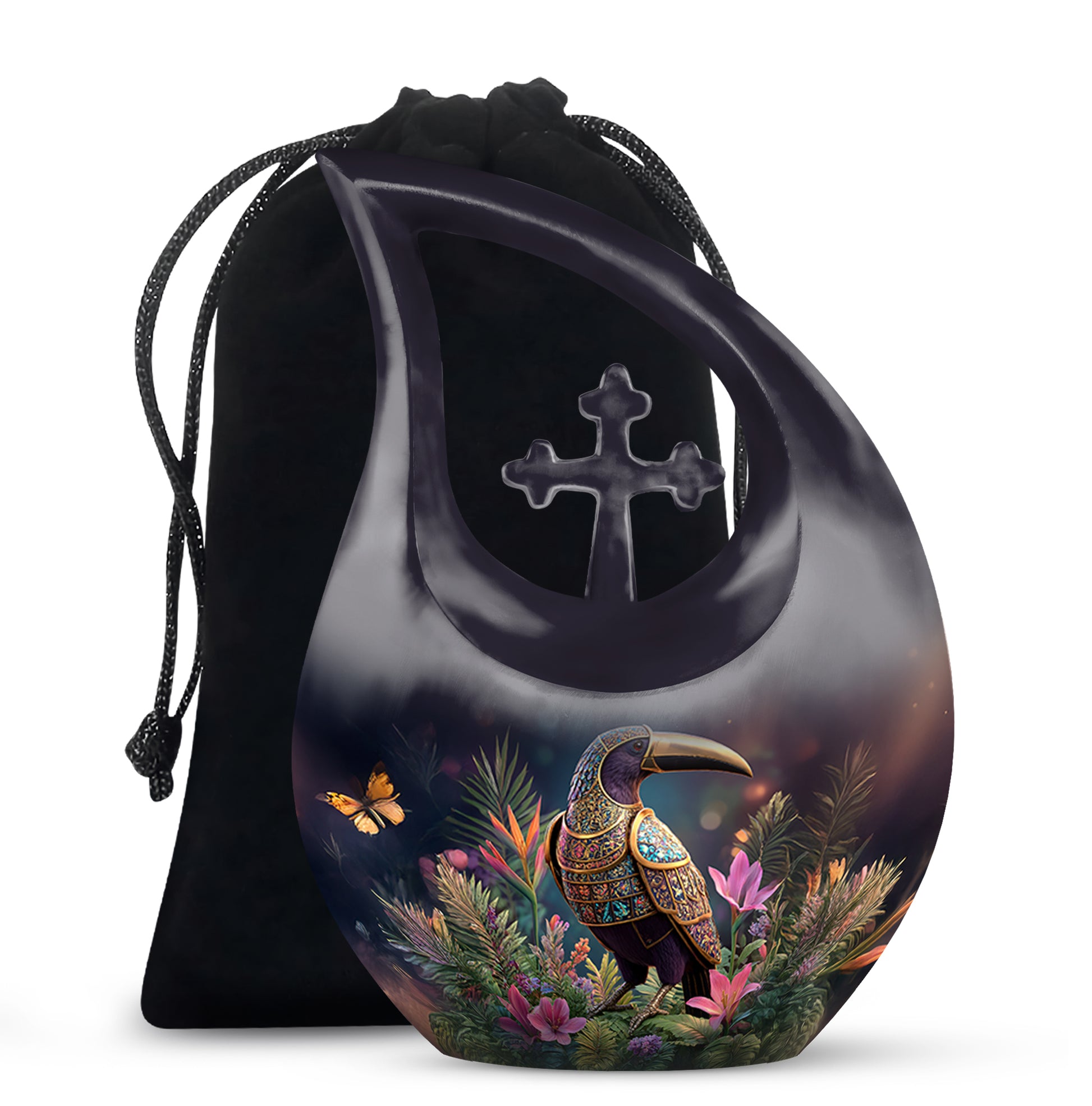 Obsidian Black Hornbill Cremation Urn top-down view of secure threaded lid - faith-inspired cross-drop urn with hornbill pattern - full-size 10 inch 200 cubic inch adult cremation urn