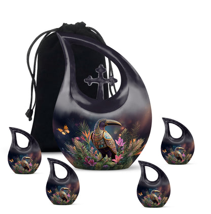 Midnight Black Hornbill Cremation Urn urn with complimentary velvet bag - devotional cross-drop hornbill engraving - memorial set with one large and four small urns