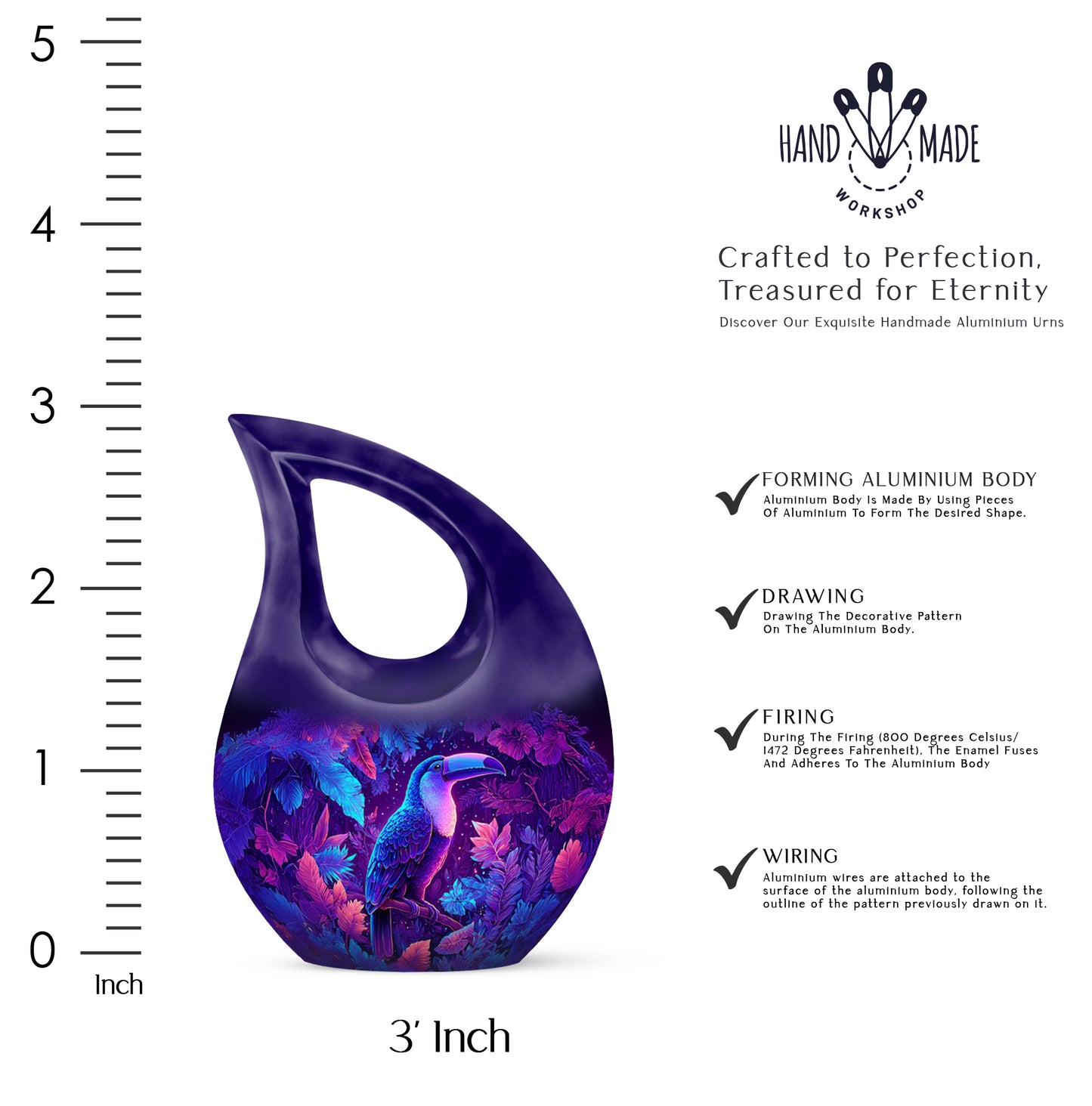 Powder Blue Hornbill Cremation Urn back view with polished surface - sacred cross merged with hornbill motif on metal - mini keepsake memorial for portion of cremation ashes