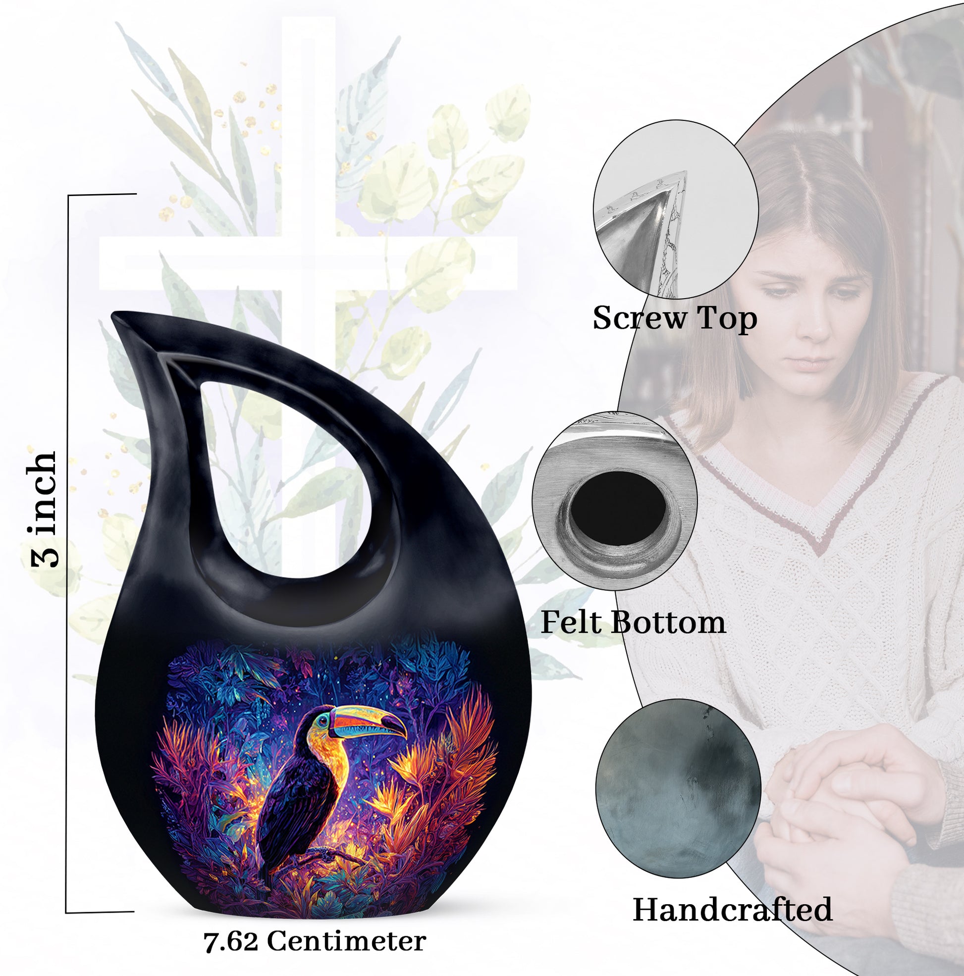 Vivid Blue Hornbill Cremation Urn back view with polished surface - devotional cross-drop hornbill engraving - mini keepsake memorial for portion of cremation ashes