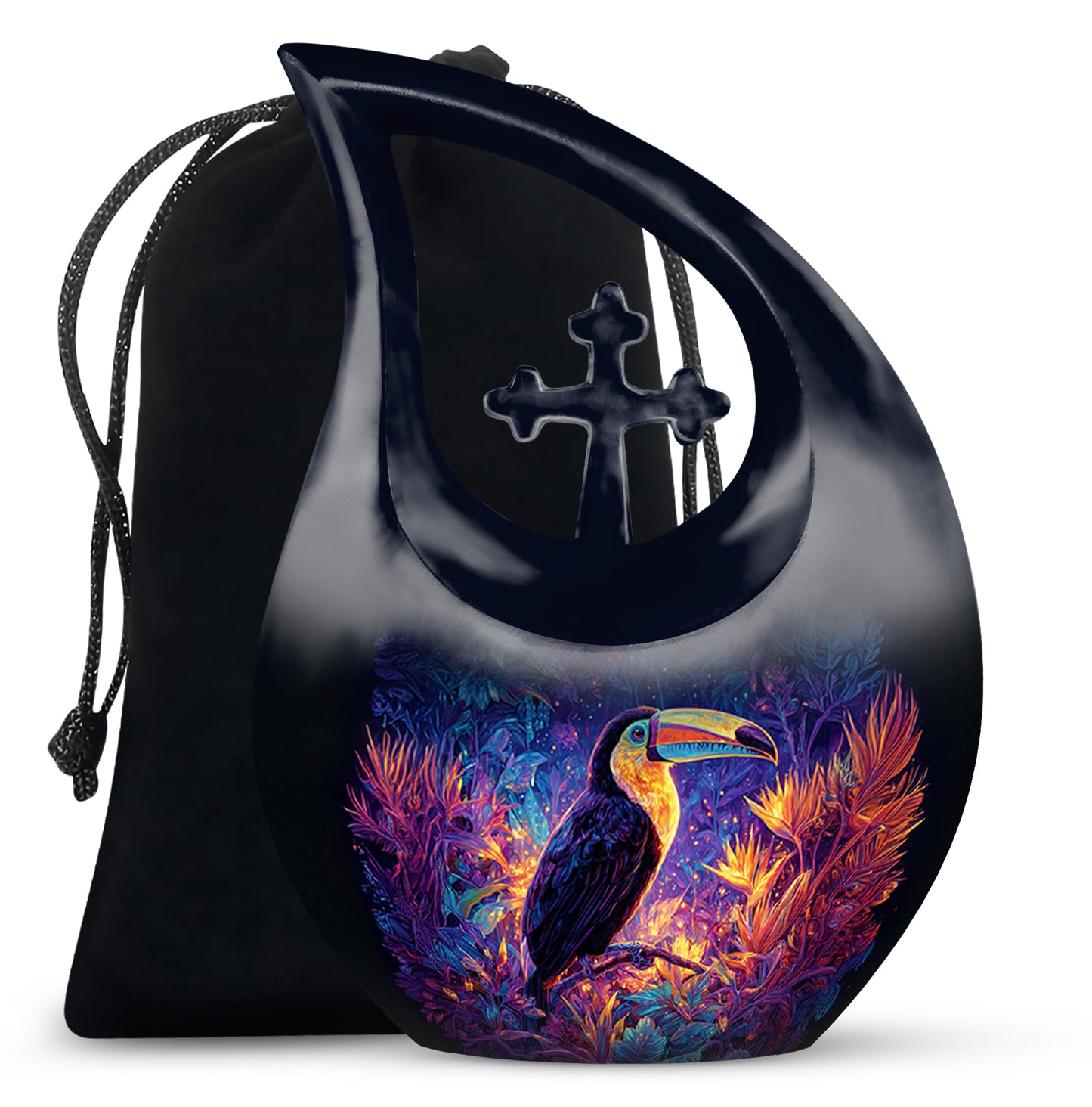 Misty Blue Hornbill Cremation Urn top-down view of secure threaded lid - cross and hornbill combined in spiritual memorial design - full-size 10 inch 200 cubic inch adult cremation urn