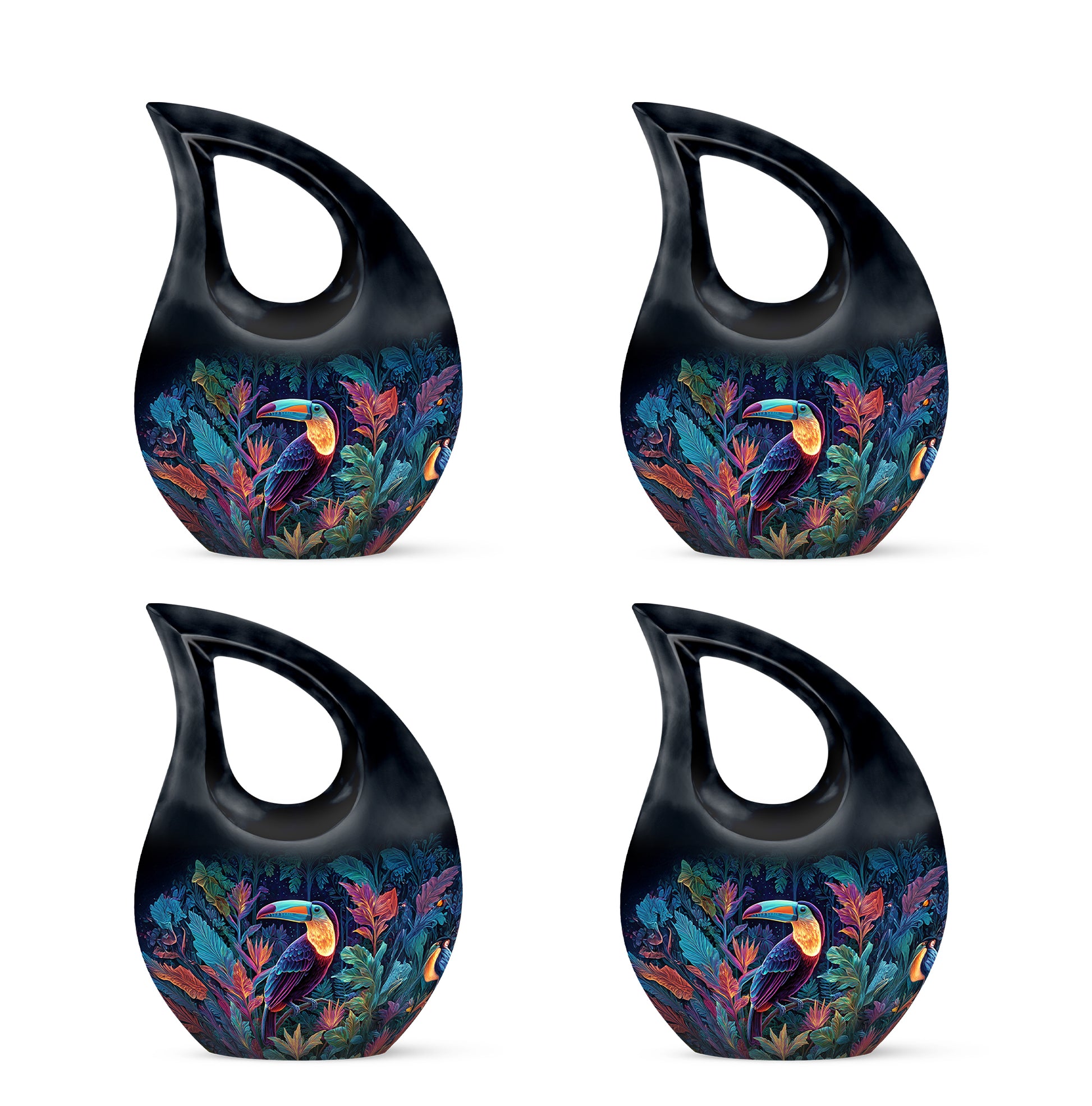 Sky Blue Hornbill Cremation Urn lifestyle display on memorial shelf - sacred cross merged with hornbill motif on metal - 10 inch aluminum urn for cremated remains
