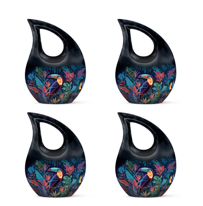 Sky Blue Hornbill Cremation Urn lifestyle display on memorial shelf - sacred cross merged with hornbill motif on metal - 10 inch aluminum urn for cremated remains