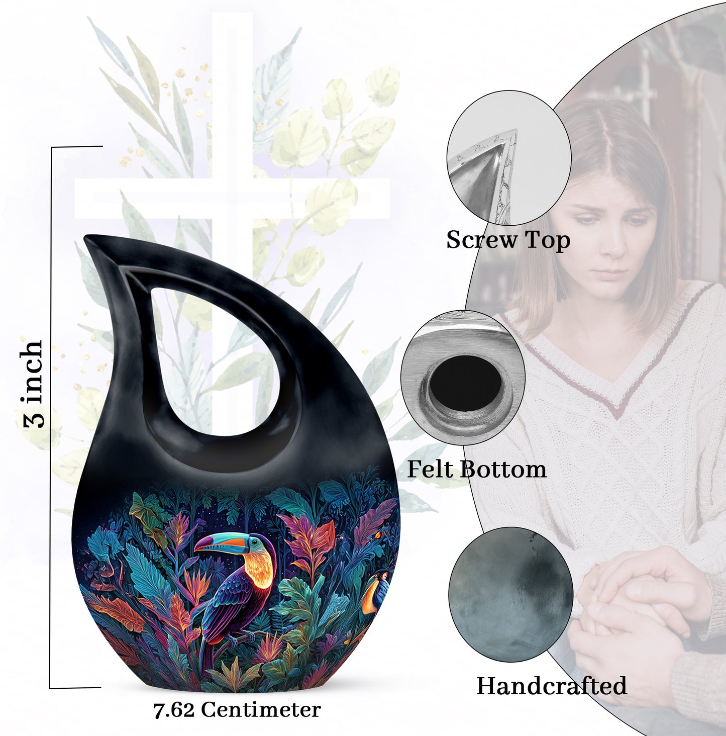 Navy Blue Hornbill Cremation Urn back view with polished surface - sacred cross merged with hornbill motif on metal - mini keepsake memorial for portion of cremation ashes