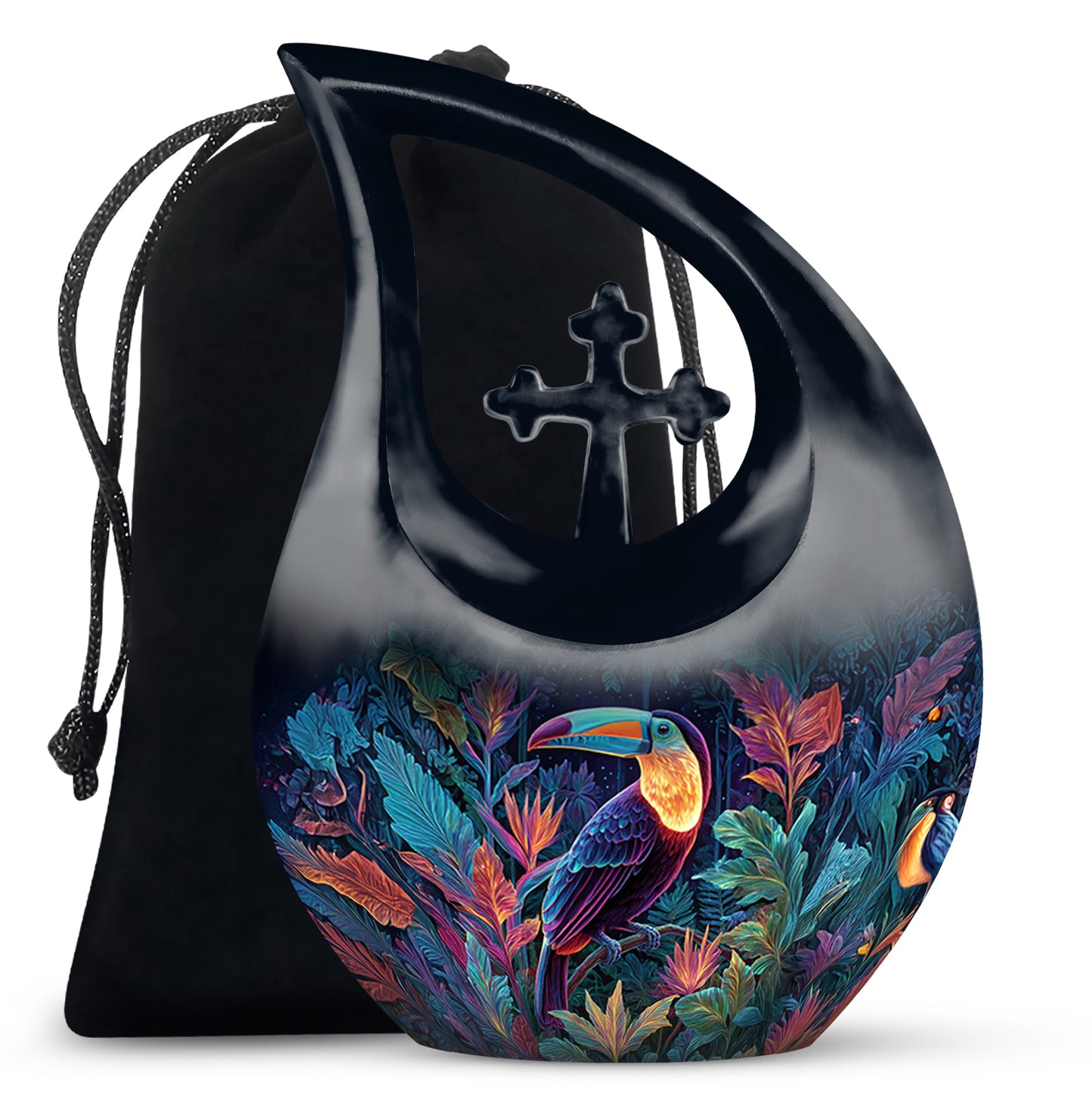 Cobalt Blue Hornbill Cremation Urn top-down view of secure threaded lid - faith-inspired cross-drop urn with hornbill pattern - full-size 10 inch 200 cubic inch adult cremation urn