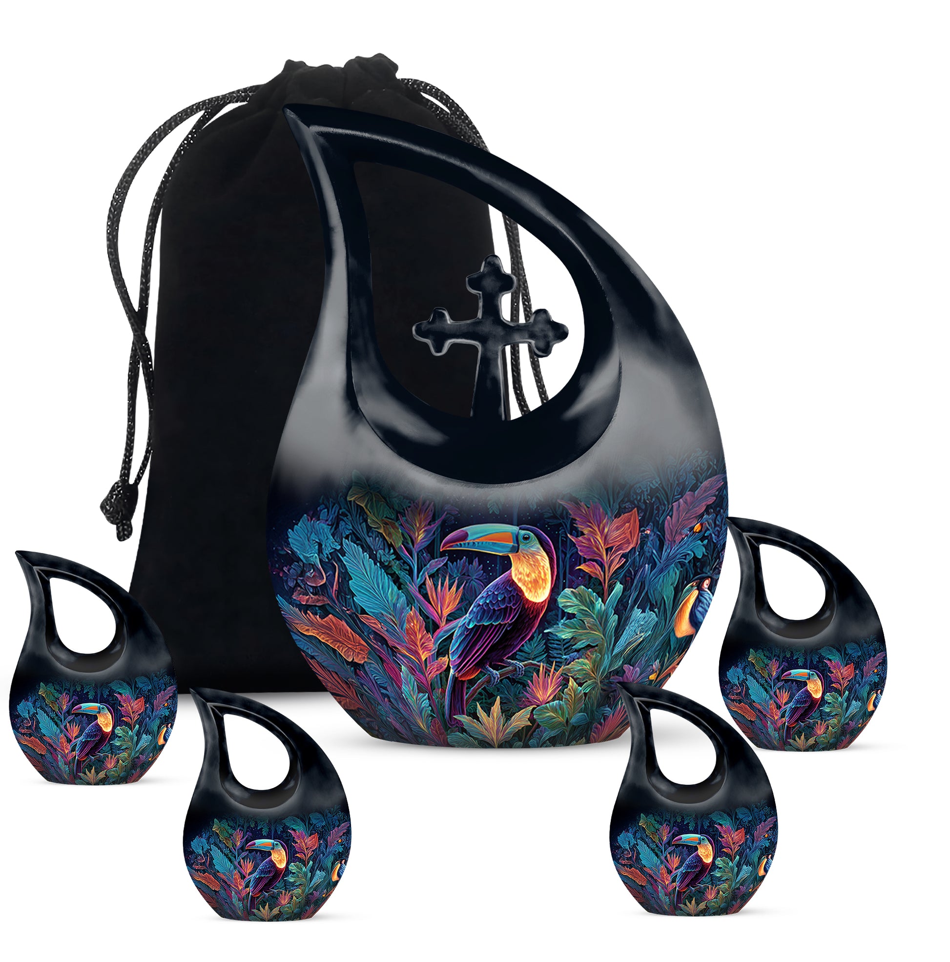 Sky Blue Hornbill Cremation Urn urn with complimentary velvet bag - cross and hornbill combined in spiritual memorial design - memorial set with one large and four small urns