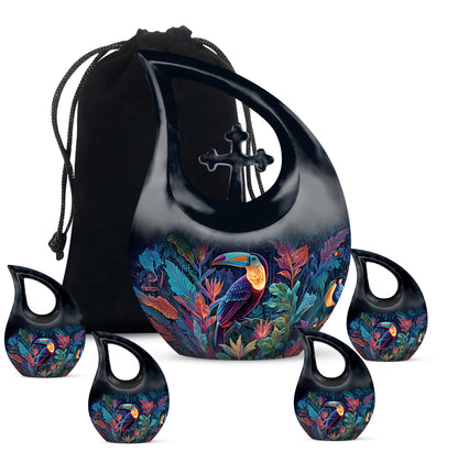 Sky Blue Hornbill Cremation Urn urn with complimentary velvet bag - cross and hornbill combined in spiritual memorial design - memorial set with one large and four small urns