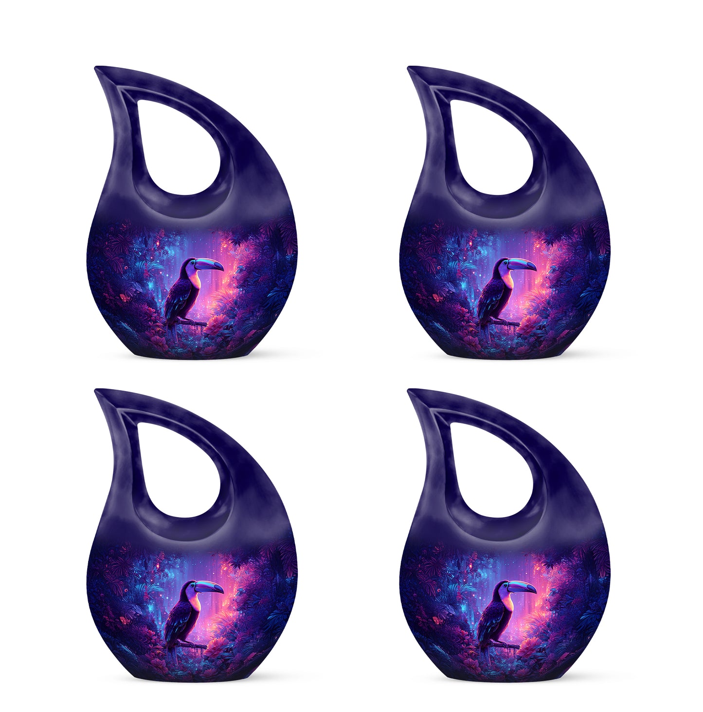 Twilight Blue Hornbill Cremation Urn lifestyle display on memorial shelf - faith-inspired cross-drop urn with hornbill pattern - 10 inch aluminum urn for cremated remains