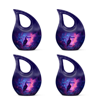 Twilight Blue Hornbill Cremation Urn lifestyle display on memorial shelf - faith-inspired cross-drop urn with hornbill pattern - 10 inch aluminum urn for cremated remains
