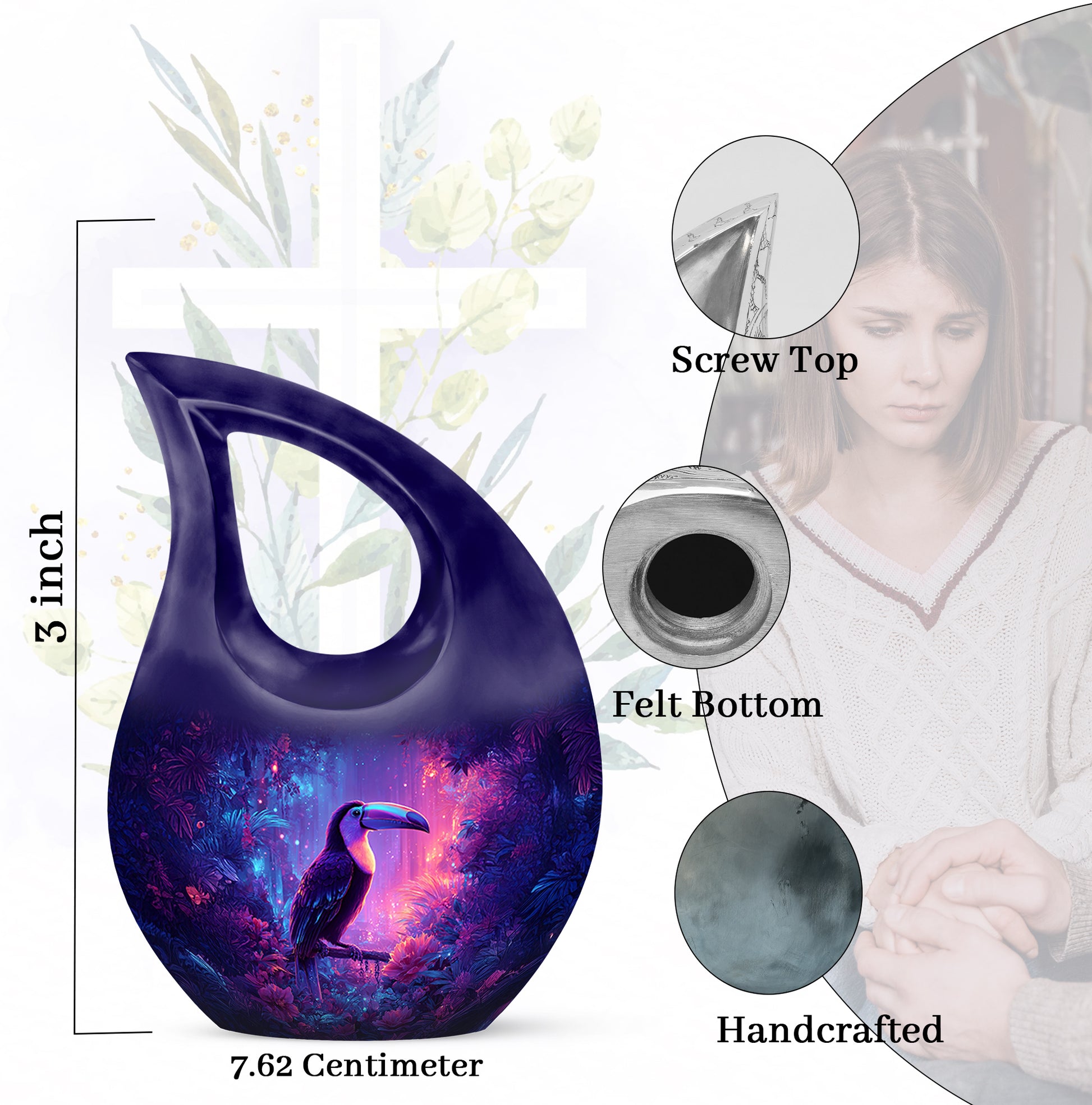 Cornflower Blue Hornbill Cremation Urn back view with polished surface - devotional cross-drop hornbill engraving - mini keepsake memorial for portion of cremation ashes