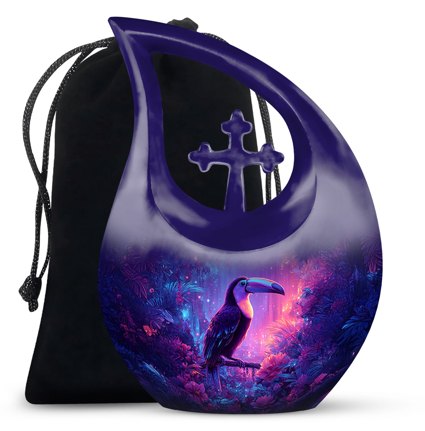 Calming Blue Hornbill Cremation Urn top-down view of secure threaded lid - faith-inspired cross-drop urn with hornbill pattern - full-size 10 inch 200 cubic inch adult cremation urn