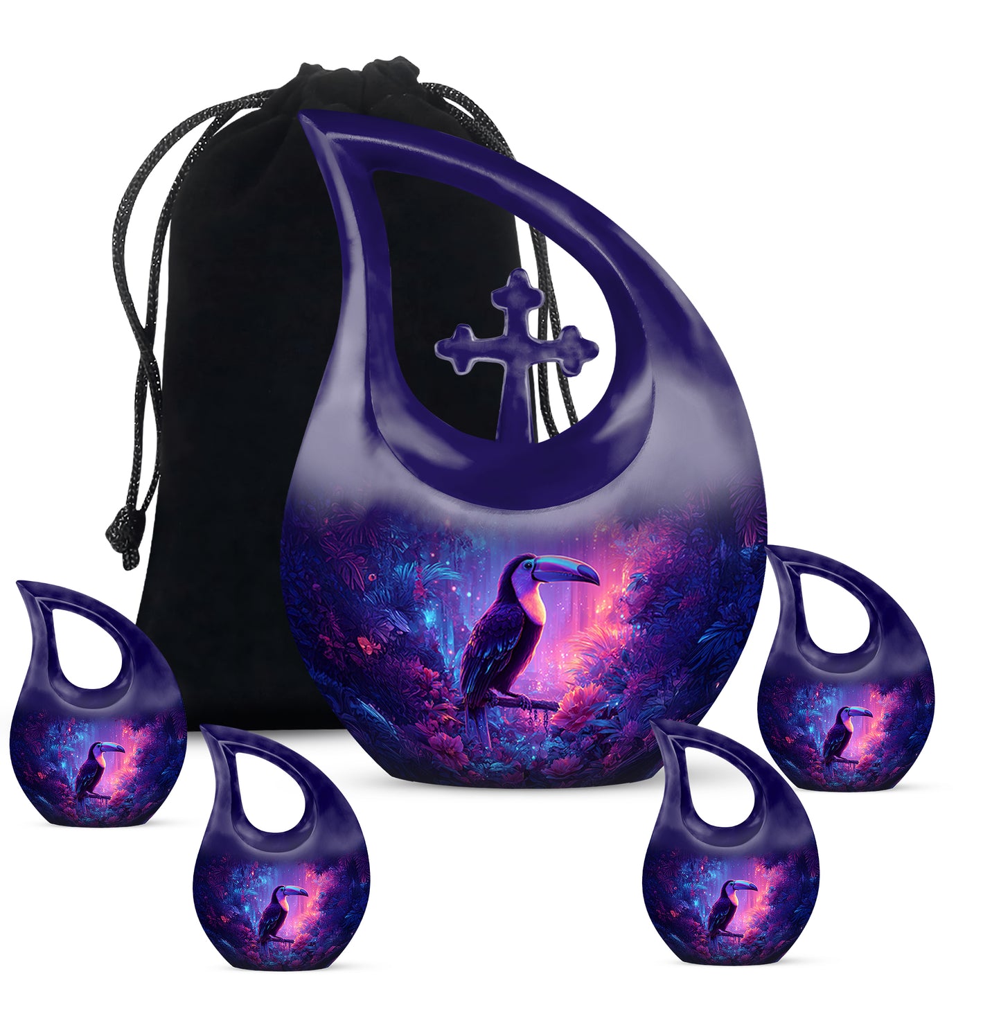 Celestial Blue Hornbill Cremation Urn urn with complimentary velvet bag - sacred cross merged with hornbill motif on metal - memorial set with one large and four small urns
