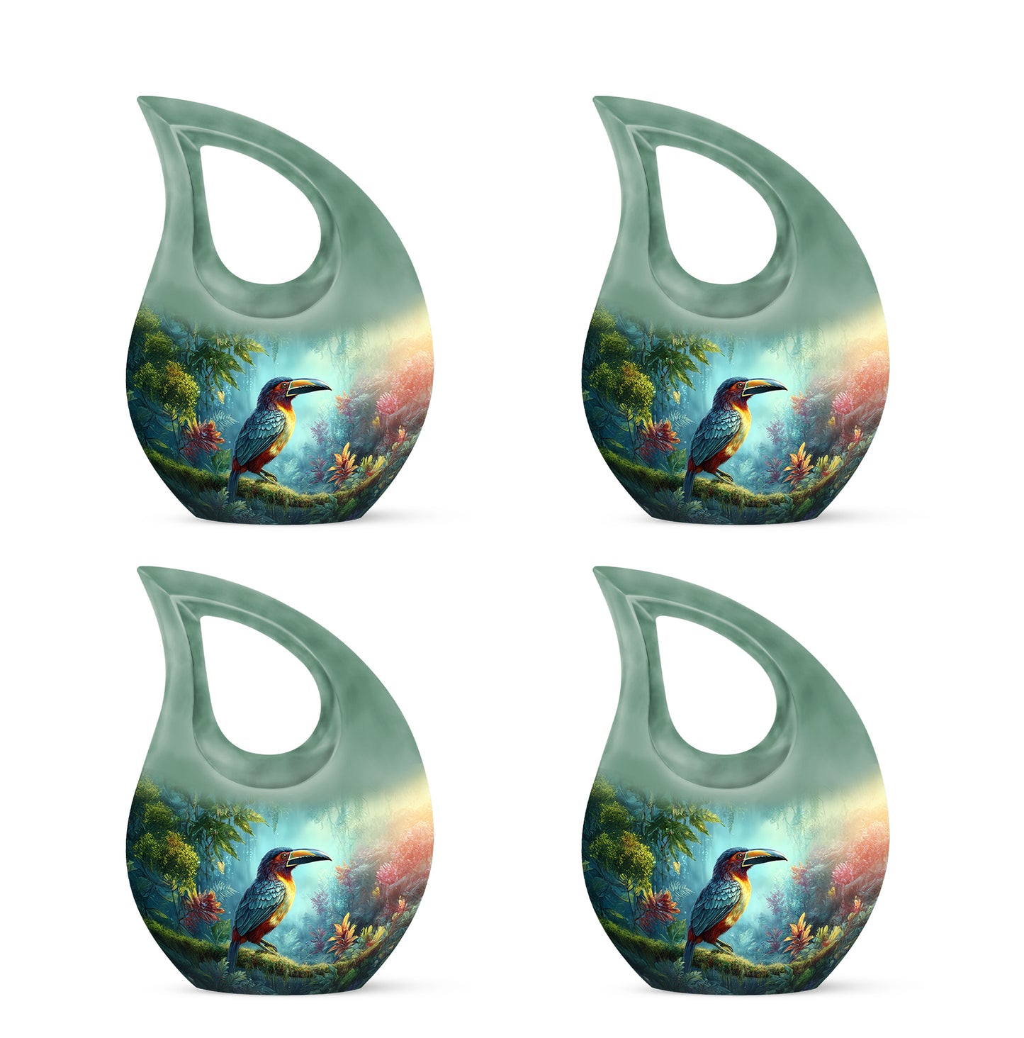 Mystic Teal Hornbill Cremation Urn lifestyle display on memorial shelf - faith-inspired cross-drop urn with hornbill pattern - 10 inch aluminum urn for cremated remains