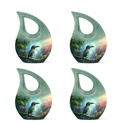 Mystic Teal Hornbill Cremation Urn lifestyle display on memorial shelf - faith-inspired cross-drop urn with hornbill pattern - 10 inch aluminum urn for cremated remains