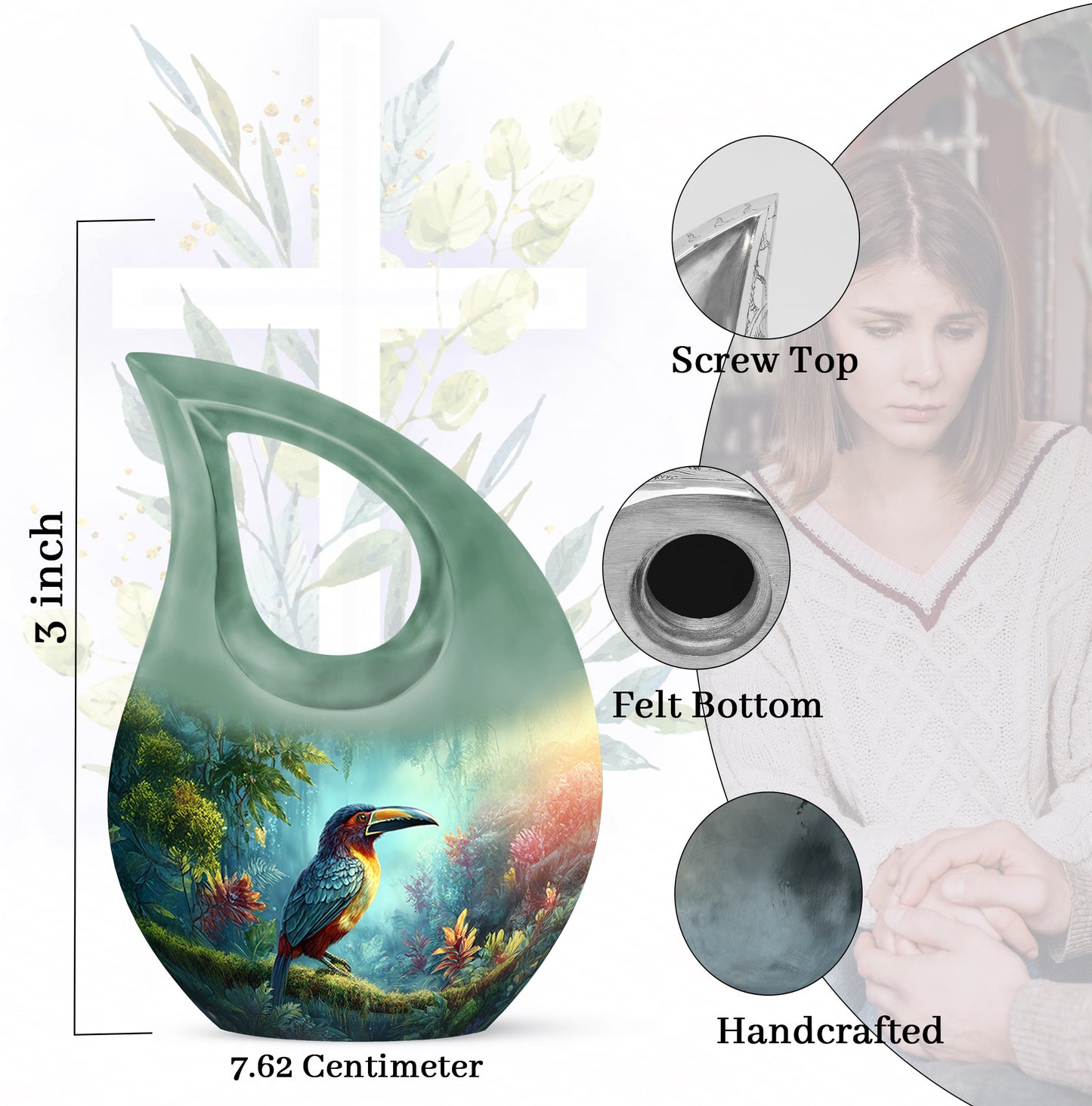Sea Green Teal Hornbill Cremation Urn back view with polished surface - sacred cross merged with hornbill motif on metal - mini keepsake memorial for portion of cremation ashes