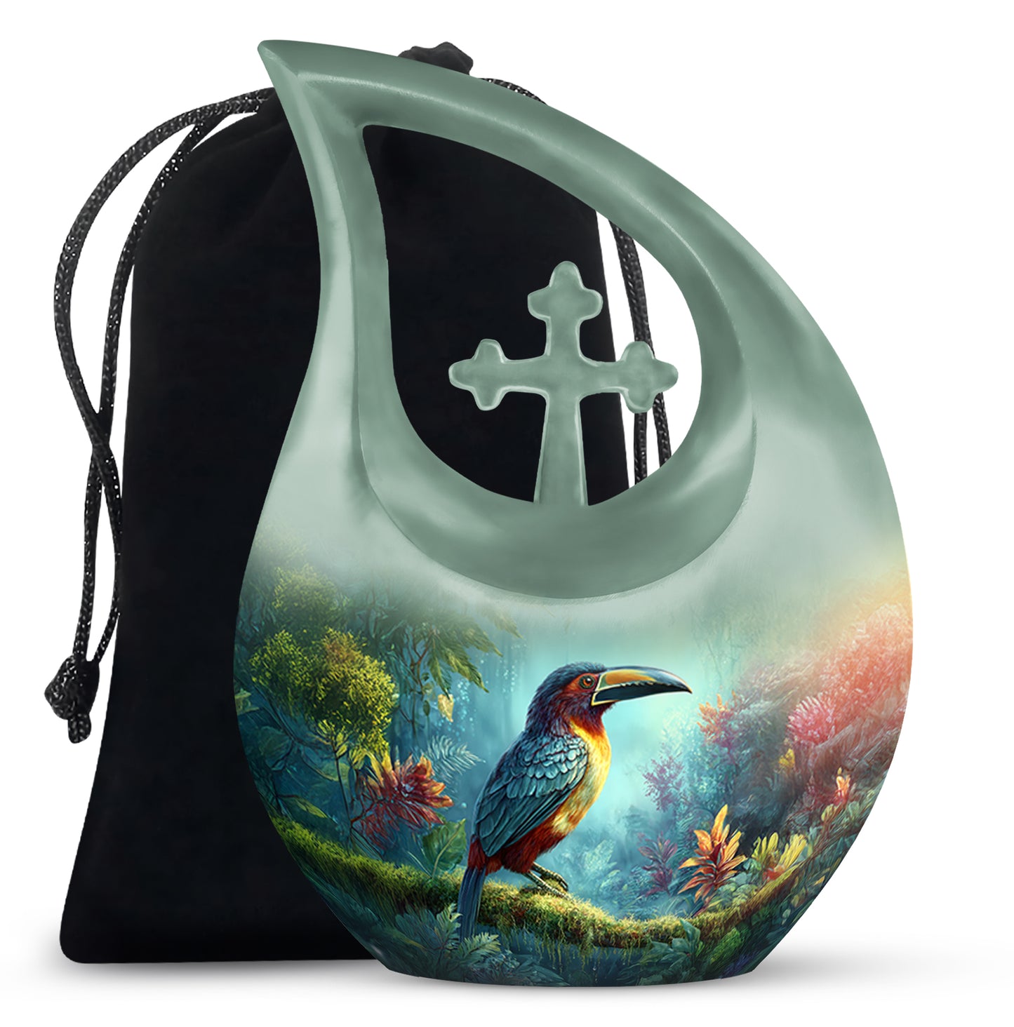Soft Teal Hornbill Cremation Urn top-down view of secure threaded lid - cross and hornbill combined in spiritual memorial design - full-size 10 inch 200 cubic inch adult cremation urn