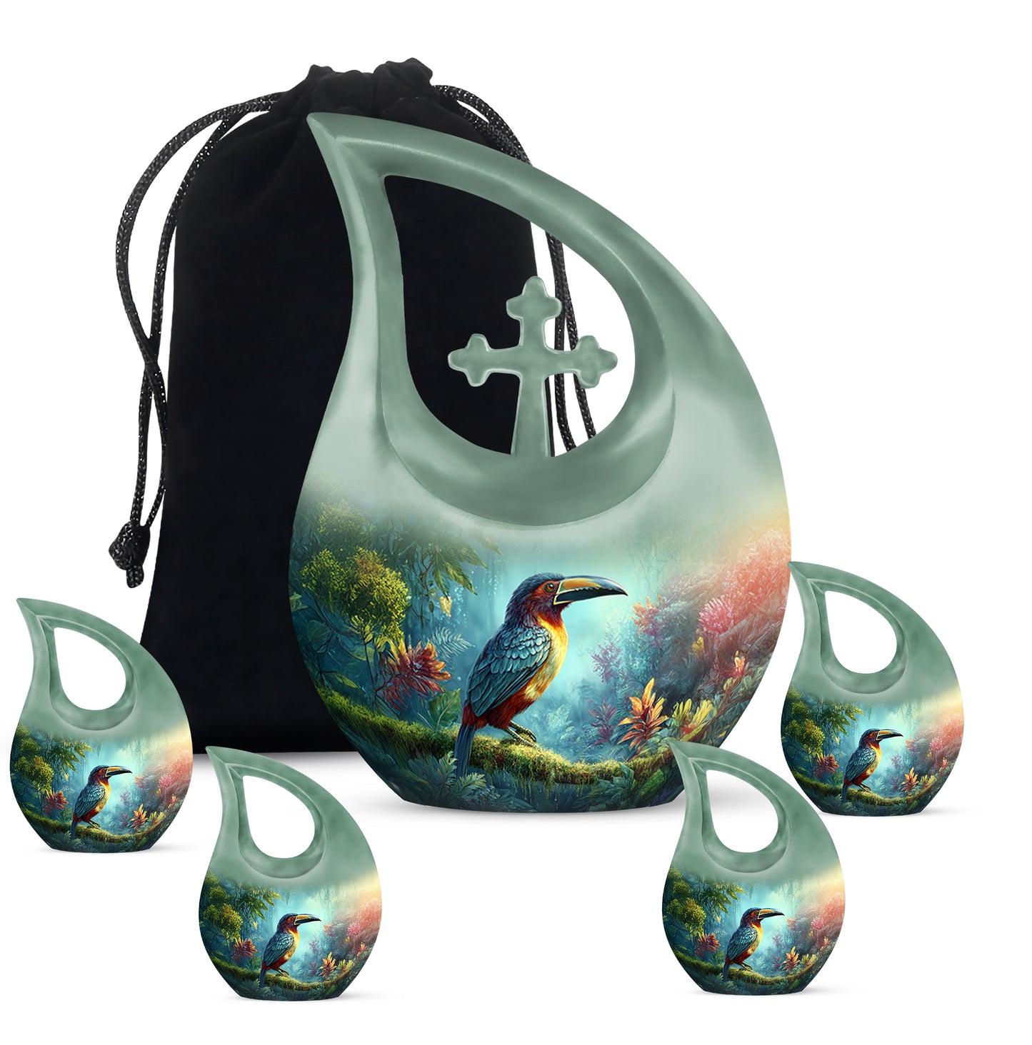 Ocean Teal Hornbill Cremation Urn urn with complimentary velvet bag - cross and hornbill combined in spiritual memorial design - memorial set with one large and four small urns