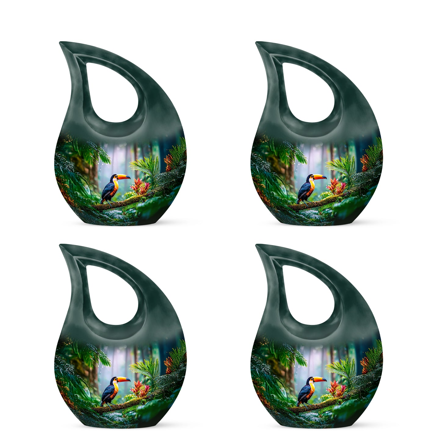Moss Green Hornbill Cremation Urn lifestyle display on memorial shelf - sacred cross merged with hornbill motif on metal - 10 inch aluminum urn for cremated remains