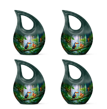 Moss Green Hornbill Cremation Urn lifestyle display on memorial shelf - sacred cross merged with hornbill motif on metal - 10 inch aluminum urn for cremated remains