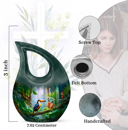 Verdant Green Hornbill Cremation Urn back view with polished surface - cross and hornbill combined in spiritual memorial design - mini keepsake memorial for portion of cremation ashes