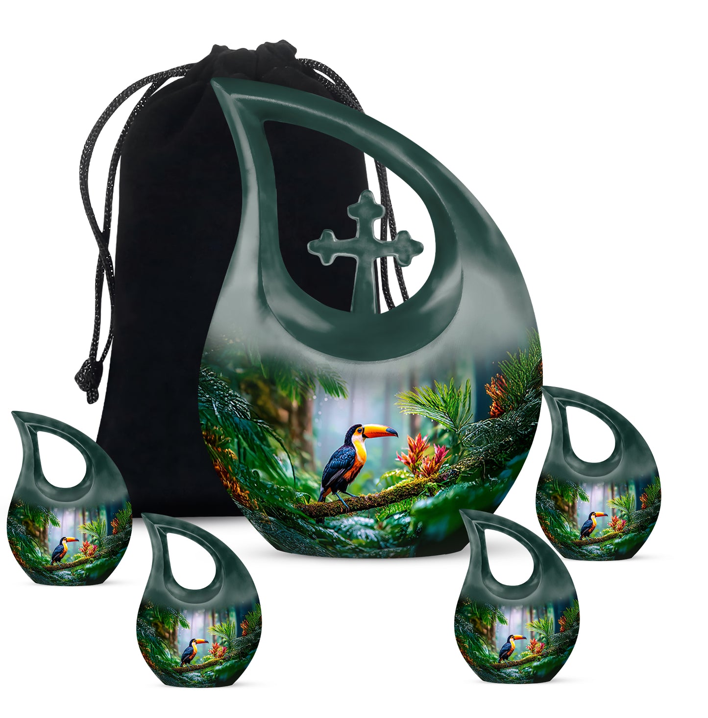 Forest Green Hornbill Cremation Urn urn with complimentary velvet bag - devotional cross-drop hornbill engraving - memorial set with one large and four small urns