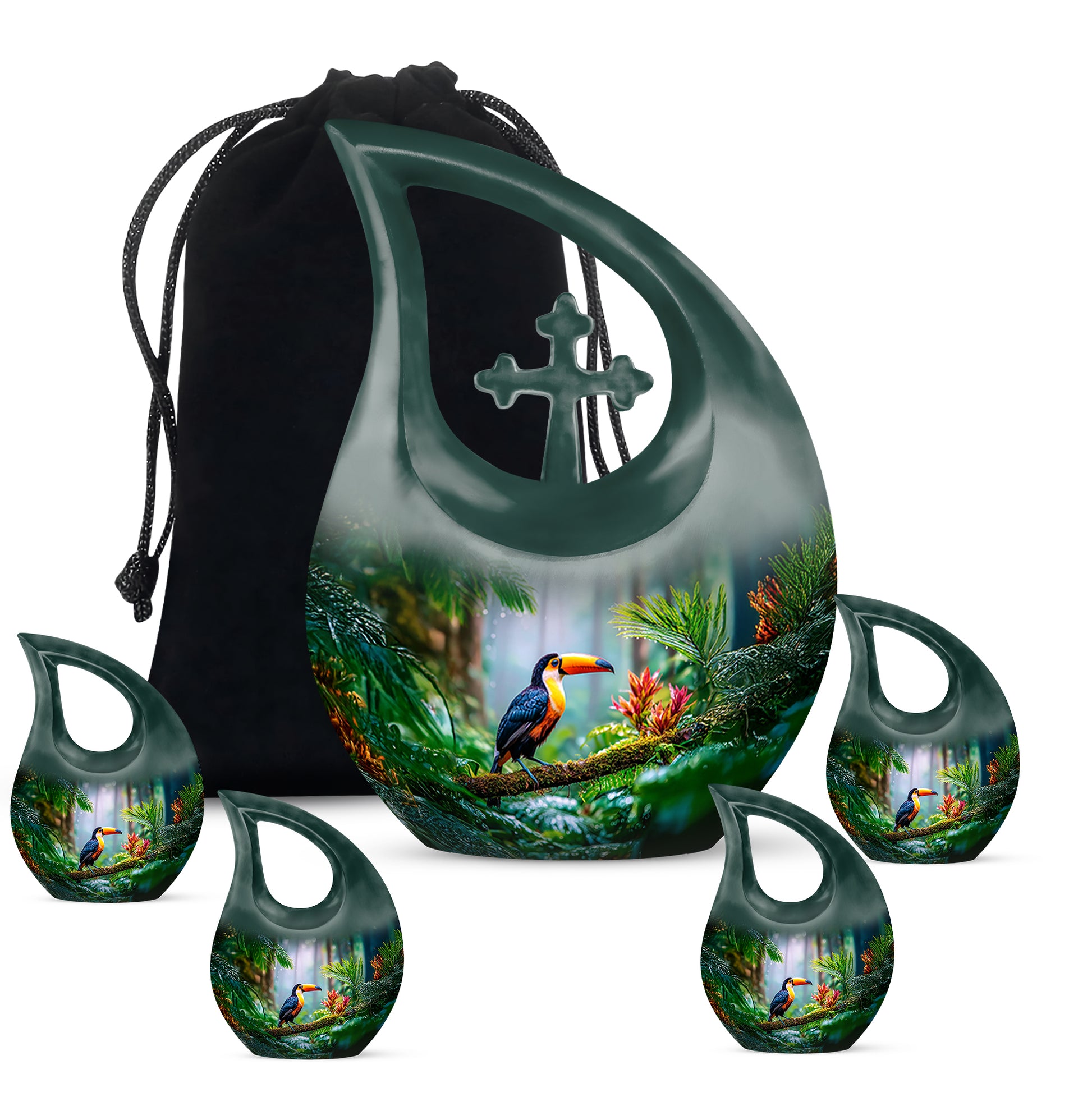 Forest Green Hornbill Cremation Urn urn with complimentary velvet bag - devotional cross-drop hornbill engraving - memorial set with one large and four small urns