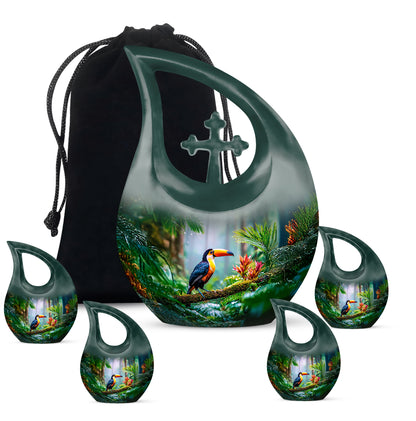 Forest Green Hornbill Cremation Urn urn with complimentary velvet bag - devotional cross-drop hornbill engraving - memorial set with one large and four small urns